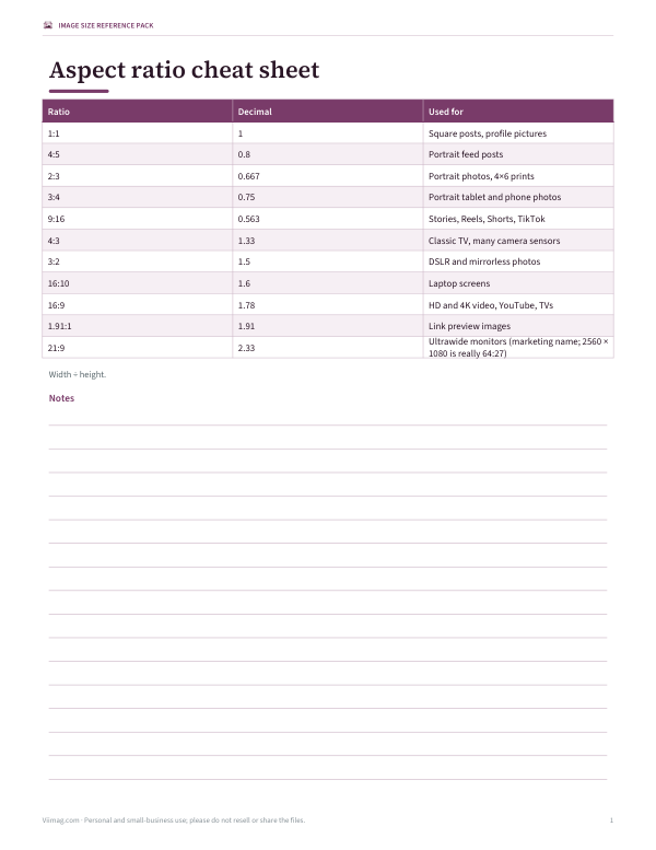 Preview of Printable Image Aspect Ratio Chart